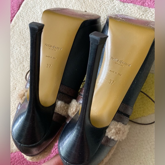 Yves Saint Laurent YSL Black Brown Shearling Trim Tribute Heel Bootie Ankle 37 - Picture 6 of 10